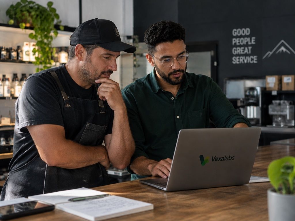 Vexa Labs consultant reviewing the system with a business owner