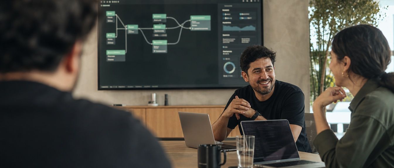Consultant smiling during a strategy session in front of a process diagram