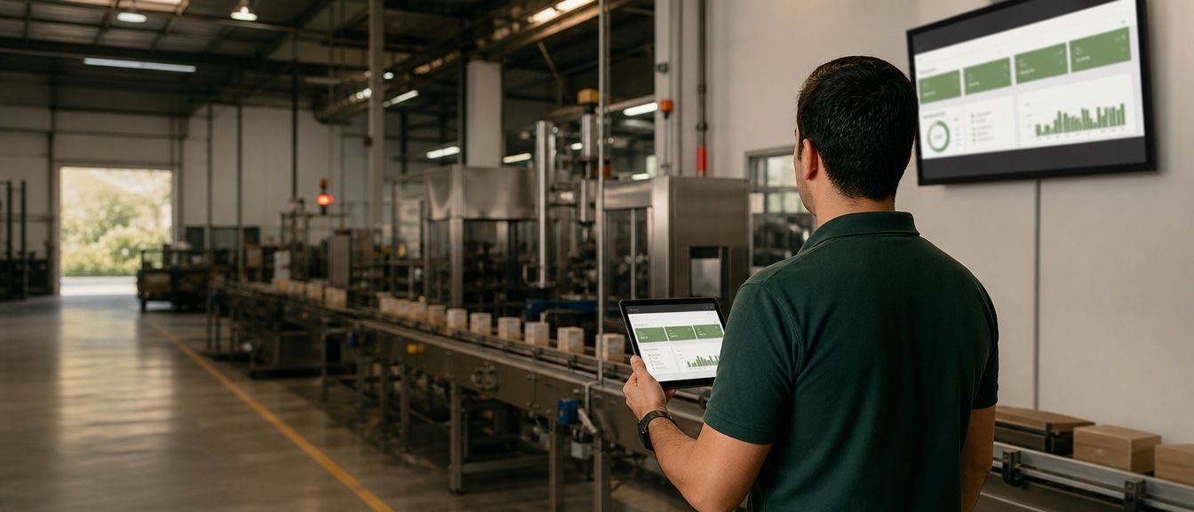Plant supervisor reviewing a production dashboard on a tablet in front of a packaging line
