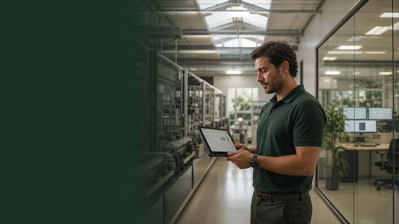 Vexa Labs engineer reviewing a plant-floor dashboard on a tablet