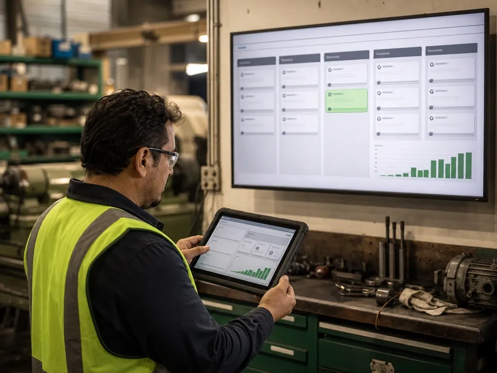 Kanban-style work-order board on a plant-floor monitor with a technician confirming a task on a tablet